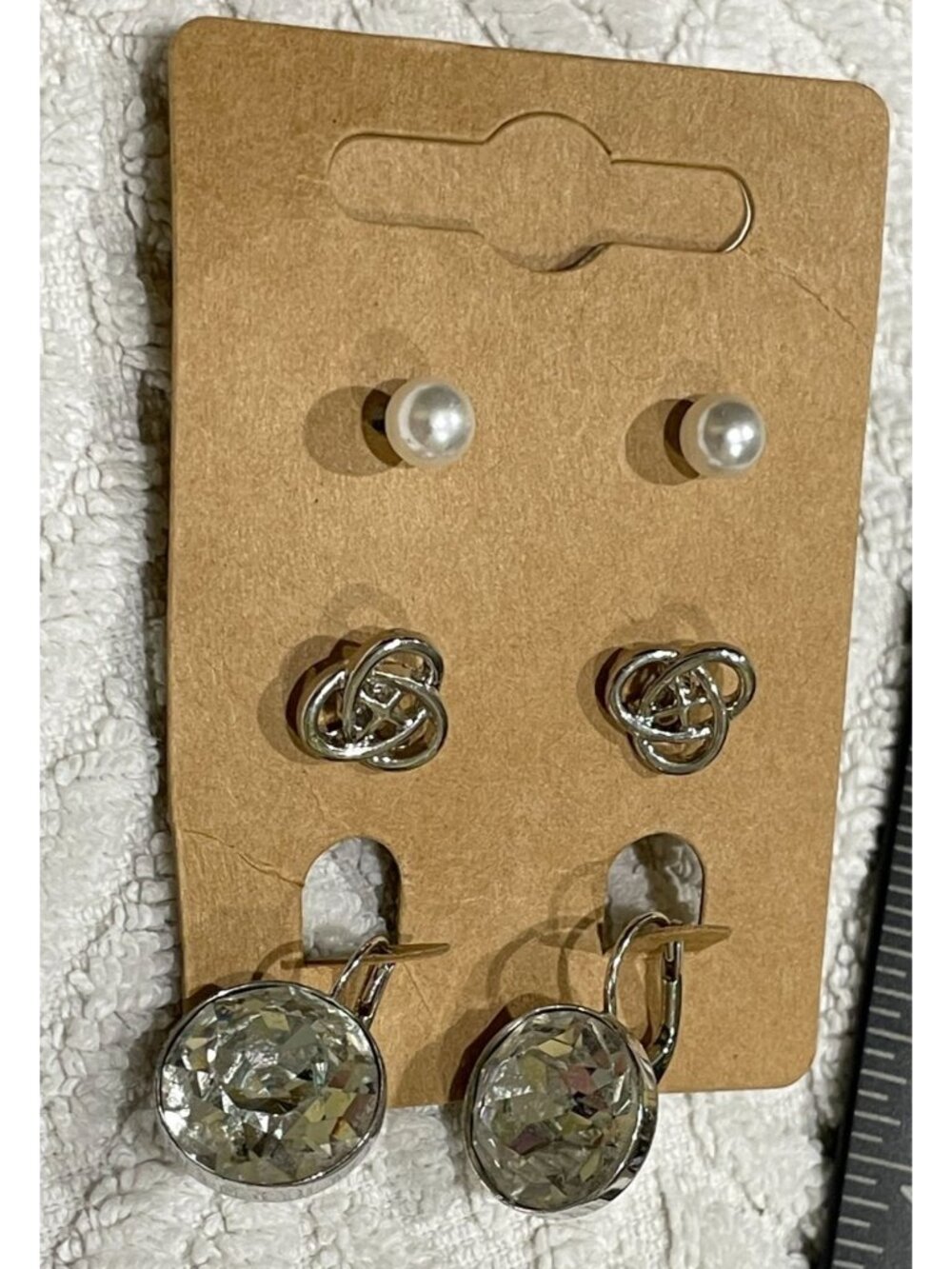 New Set of 3 Silver Tone Earrings Faux Pearl Celtic Knot & Crystal Drops